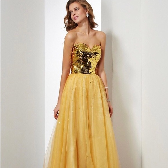 Gold Sequins Strapless Gown - Picture 1 of 14